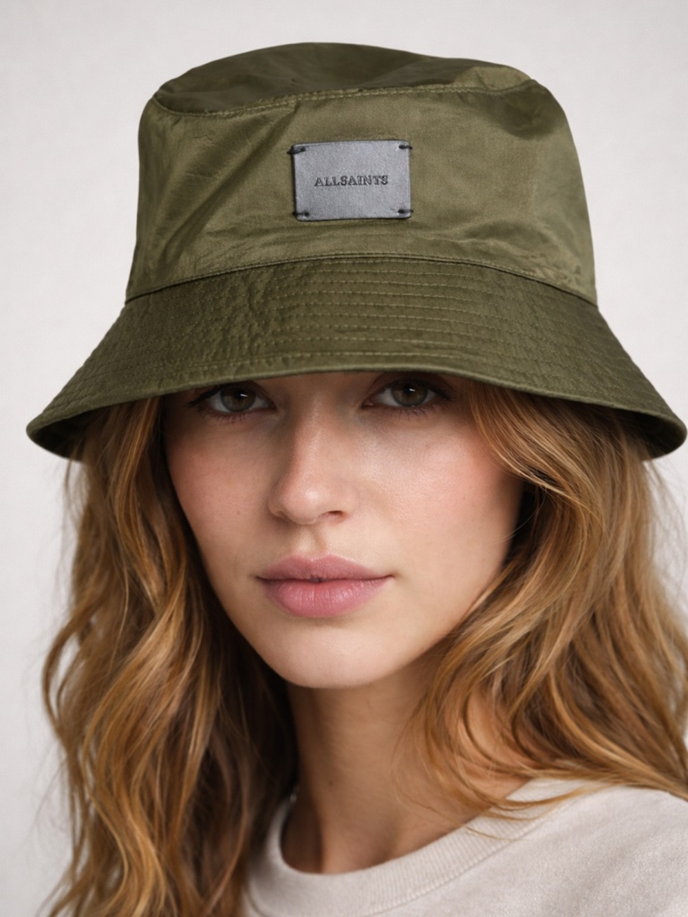 All Saints Olive Bucket Hat with Logo Patch